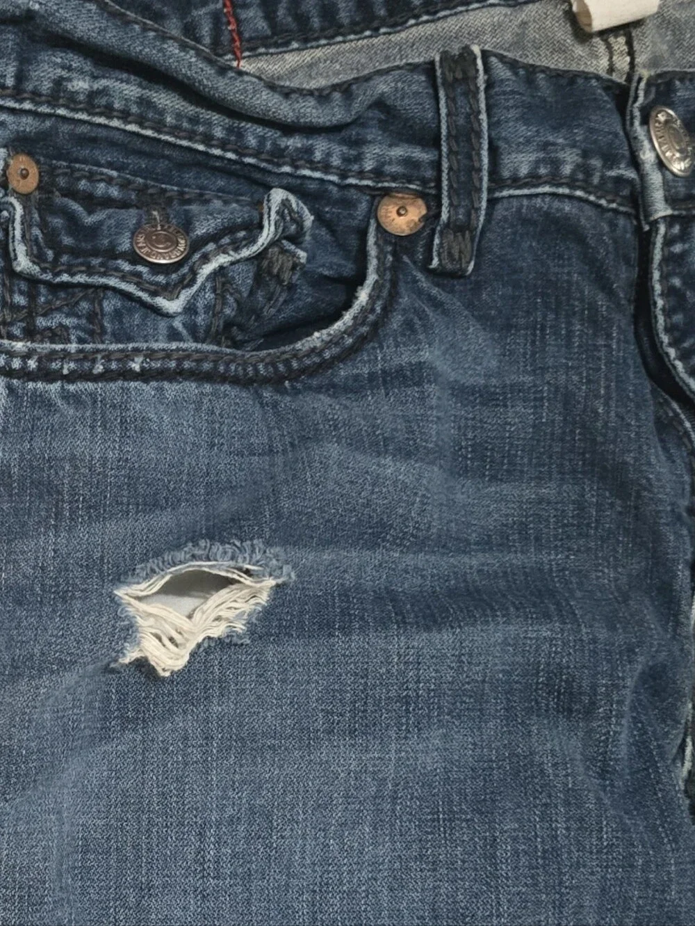 True Religion Billy Giant Big T Jeans Mens 36 Made USA Blue Distressed Flap